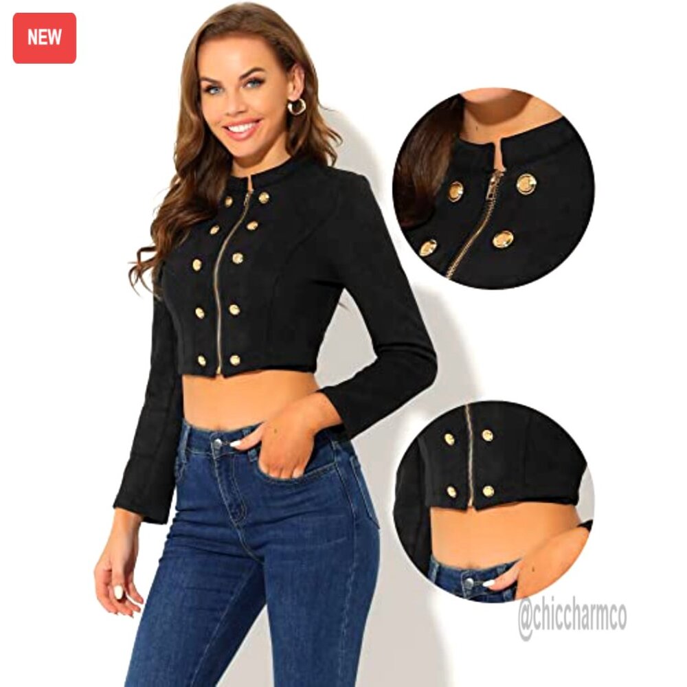 Cropped Faux Suede Jacket Double Breasted Zip Up Vintage Moto Style - Picture 4 of 5